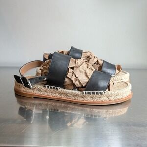 Aquatalia Black Leather Espadrille Sandals Spain Slingback Flat Womens 8 Luxury